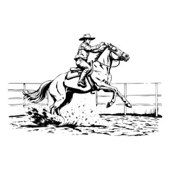 cowboy riding horse on desert sketch engraving black and white outline. Scratch board imitation.
