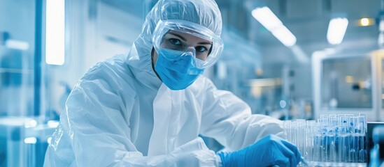 Fototapeta premium Laboratory technician in protective gear analyzing samples in a cleanroom environment with empty space for text and graphics