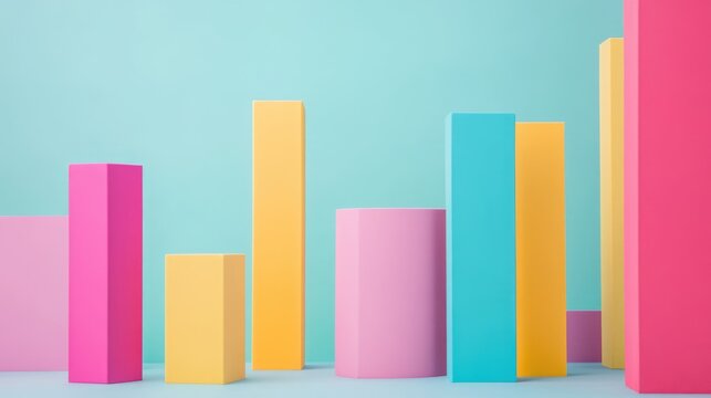 Colorful Bar Graphs for Statistical Analysis with Pink, Yellow, and Blue Bars on Light Blue Background and Ample Empty Space for Text
