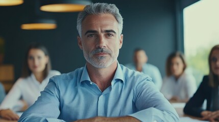 Mature Caucasian CEO with gray hair in blue shirt seated at boardroom table with diverse business team actively engaged in discussion in modern office setting.