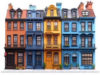 Naklejka premium A colorful row of stylized townhouses showcasing vibrant architecture and charming details.
