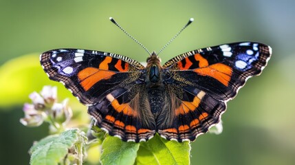Naklejka premium Red Admiral Butterfly perched on green foliage showcasing vibrant orange and black patterns in natural sunlight.