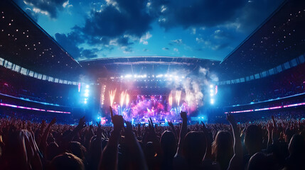 Experience the electric atmosphere of a summer music festival with a lively crowd cheering, bright lights, and a dazzling stage performance at sunset.