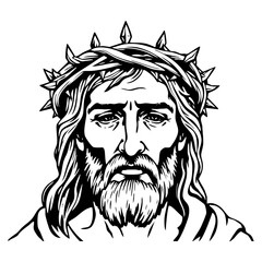 Jesus Christ wear thorn crown sketch engraving black and white outline. Scratch board imitation.  illustrated in vintage line art style on a white background.
