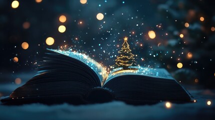 Enchanted open book with sparkling light particles and Christmas tree creating a festive fairy tale themed atmosphere for holiday greetings