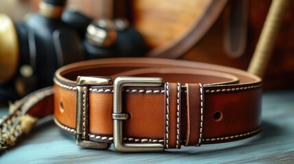 Stylish men's leather belt with accessories and gadgets on a rustic wooden background for fashion and lifestyle themes
