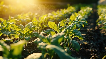 Obraz premium Farmer Irrigating Young Green Plants in Sunlit Field Enhancing Growth and Sustainability Agriculture Concept
