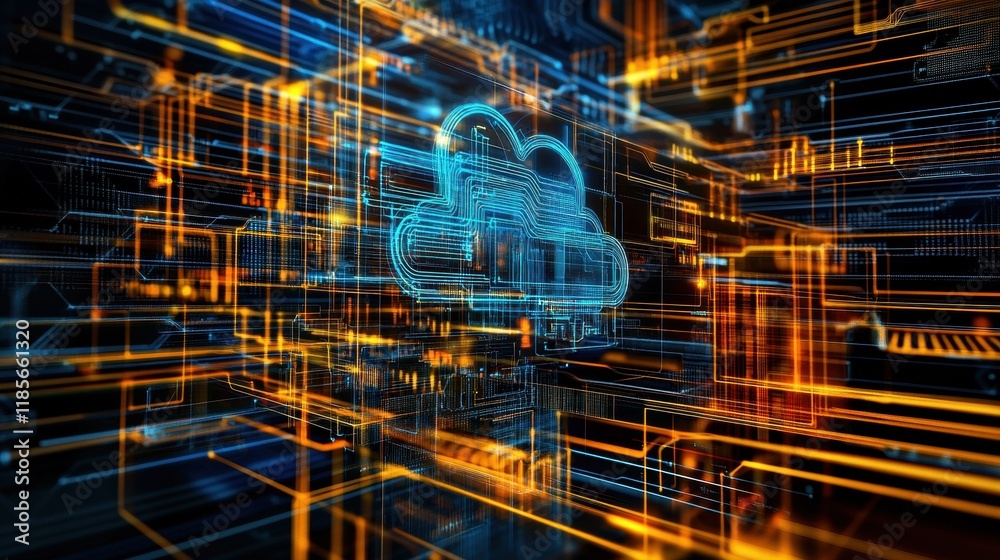Poster exploring cloud computing technology and data integration in a digital environment futuristic perspe