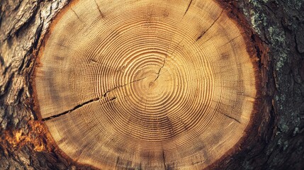 Fototapeta premium Tree trunk cross section highlighting distinct growth rings and natural textures illustrating age and environmental conditions.