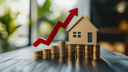 Model house with a rising red arrow and coin stacks. Real estate investment and property value appreciation, the concept of price appreciation of real estate and country houses. 