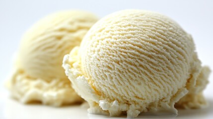 Creamy Vanilla Ice Cream Scoops on White Background A Close-Up of Two Smooth and Refreshing Scoops of Vanilla Ice Cream