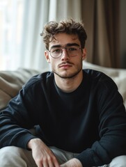 Fototapeta premium Serious Young Man with Curly Hair and Glasses Sitting on Light Beige Couch in Bright Living Room with Natural Light and Empty Copy Space