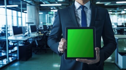 Businessman holding tablet with green screen in the office, business concept