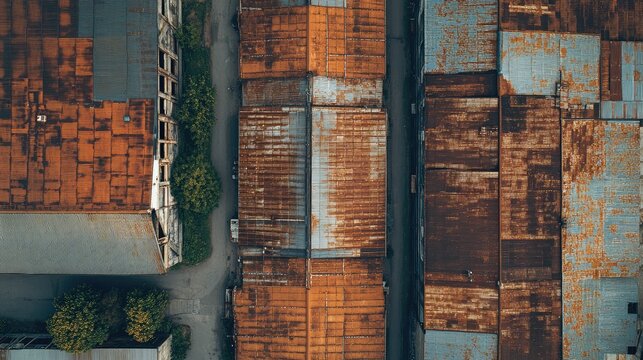 Aerial view of weathered industrial building rooftops showcasing rust with empty space for text in a wide format image for creative use