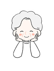 ほっぺたに手をあててにっこり笑うおばあちゃんのイラスト