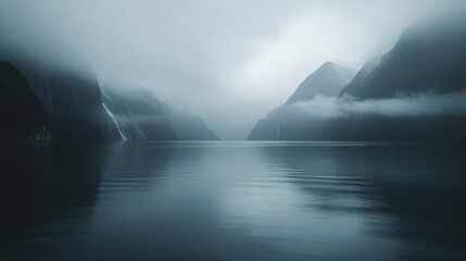 Fototapeta premium Serene Milford Sound with Mitre Peak, New Zealand, capturing misty mountains and tranquil waters, soft grey tones, expansive negative space for text.