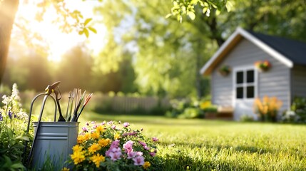 A charming wooden storage shed with hanging racks and shelves for gardening tools surrounded by a lush green backyard filled with plants flowers and natural foliage  The shed provides a rustic