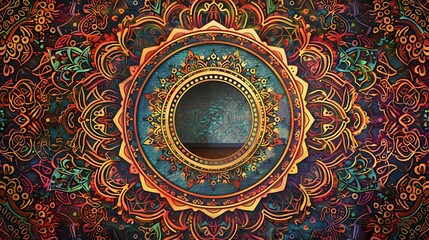 An intricate mandala pattern in rich hues, with a mockup at the center of the wall. full ultra hd, high resolution