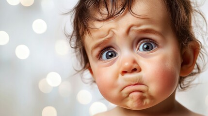 Emotional Portrait of a Distressed Baby with Tearful Expression Against Soft Background