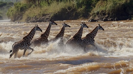 Migration spectacle with giraffes crossing a river alongside wildebeest in dramatic wildlife scene capturing nature's beauty and challenges.