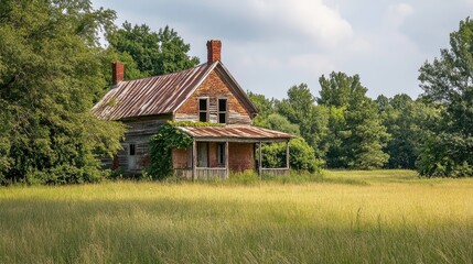 Obraz premium abandoned farmhouse surrounded by tall grass and trees under a cloudy sky showcasing rustic charm and nature's reclaiming beauty
