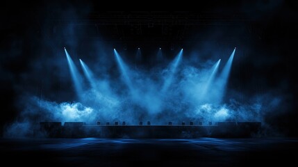 Dynamic light show event at a concert stage in a misty environment capture the excitement and atmosphere