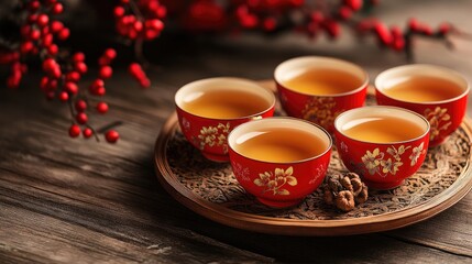 Fototapeta premium Chinese tea ceremony with five traditional cups on a decorative tray symbolizing luck and offerings for celebrations and new beginnings.