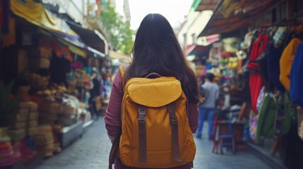 Back view of Latin female backpacker with yellow backpack exploring vibrant tourist market in Mexico City surrounded by colorful stalls and shoppers.