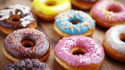 Colorful Assorted Donuts on Wooden Surface Displaying Various Toppings and Flavors Ideal for Sweet Treats or Bakery Promotions