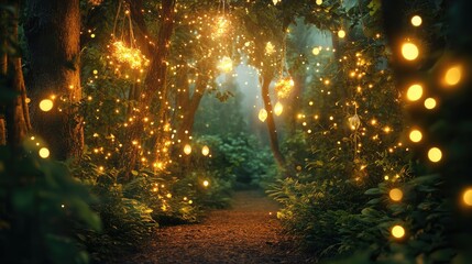 Mystical forest pathway illuminated by glowing fairy lights creating a magical enchanting atmosphere in nature.