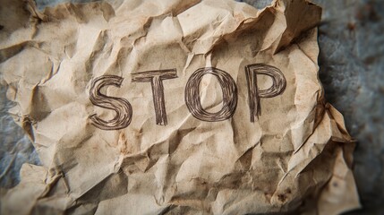 Vintage crumpled paper with handwritten STOP text for warning or caution themed designs