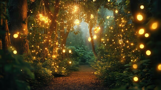Mystical forest pathway illuminated by glowing fairy lights creating a magical enchanting atmosphere in nature.