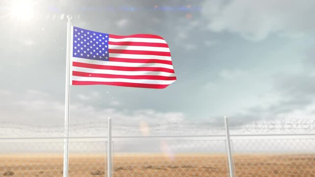 Waving flag of America behind barbed wire. Emigration and Immigration, America flag Waving on defence border 3d Animation. 4K Video.