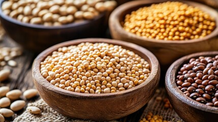Fototapeta premium Sustainable Protein Sources for Animal Feed Featuring Beans Wheat Soybeans and Wheat Germ in Rustic Bowls