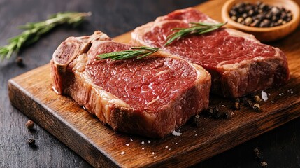 Premium quality beef steaks on wooden board with fresh herbs and spices for culinary use in gourmet cooking and meal preparation.