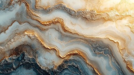 Fototapeta premium An abstract image featuring flowing patterns of blue, white, and gold resembling natural stone or agate.