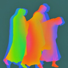 Abstract photography of 6 embraced silhouettes bright shine glowing outlines 