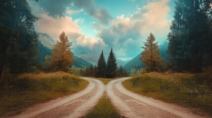 Fototapeta premium Dramatic mountain crossroads in nature symbolizing choices and life's journey with trees and clouds in a serene landscape.