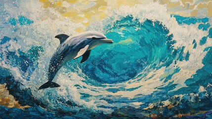 Dolphin leaping through a vibrant ocean wave showcasing the beauty of marine life in a dynamic and colorful underwater scene