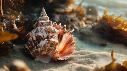 Obraz premium A large conch shell resting on a sandy beach with waves in the background