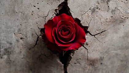 Red rose growing through cracks in concrete resilience and beauty concept