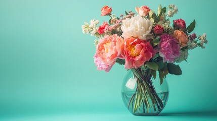 Obraz premium Vibrant Floral Bouquet in Clear Glass Vase Showcasing Beautiful Blooms on a Turquoise Background