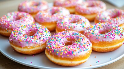 Colorful donuts with pink icing and sprinkles arranged on a white platter enjoying a delicious treat for dessert or celebration.