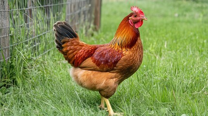 Fototapeta premium Vibrant rooster walking on lush green grass in a rural farm setting showcasing livestock and traditional agriculture