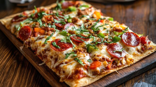 Delicious pizza topped with pepperoni vegetables and cheese served on a rustic wooden board for a mouthwatering culinary experience.