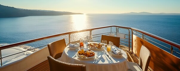 Fototapeta premium Luxurious Cruise Ship Breakfast Facing Sunlit Santorini