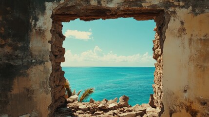 Crumbling Wall Framing Serene Ocean View Under Bright Blue Sky and Fluffy Clouds