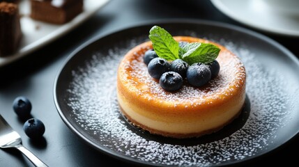 Delicious round dessert topped with blueberries and mint on a black plate served with dark coffee in a cozy spring setting