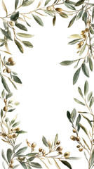 The image features a watercolor painting of olive branches with green leaves and brown olives, arranged in a frame around a blank white center