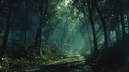 Naklejka premium A tranquil forest path illuminated by soft light creating a serene and mystical atmosphere for nature lovers and adventurers